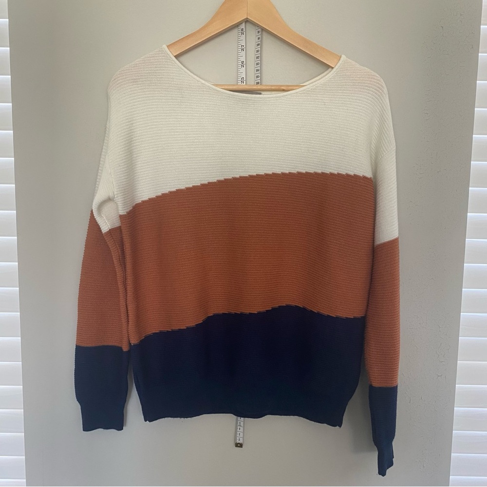 Cream and Orange Crew Neck Colorblock Sweater - Picture 5 of 5